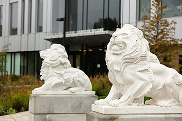 Two lion statues. The Nils K. Nelson Bioscience and Innovation building is in the background