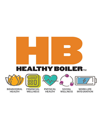 Logo: Healthy Boiler with smaller logos below: "Behavioral Health" "Financial Wellness" "Physical Health" "Social Wellness" "Work-Life Integration"