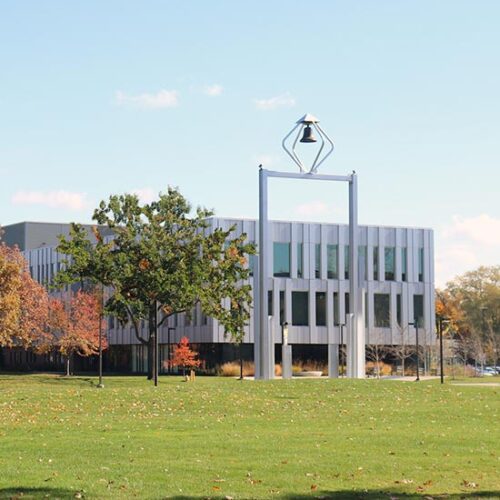 A view of the PNW Bell Tower and Nils K. Nelson Bioscience Innovation Building.