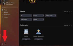 Software Center, as open on a Mac. A red arrow is pointing toward the Log In option at the bottom of the screen.