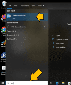 The Start menu showing Software Center as an app available when searching for words beginning with 'soft'. Arrows point to the place to search and the icon for the Software Center app
