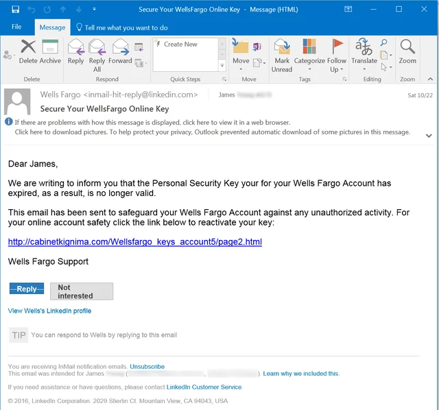 email showing a wells fargo phishing attempt