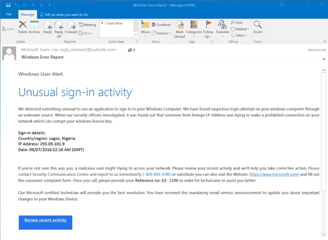email appearing to be an account alert from Microsoft, but it is a phish