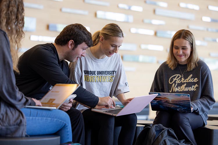 PNW students collaborate on a laptop.