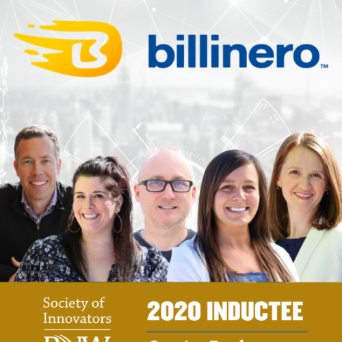 A group of Centier Bank employees beneath a logo for Billinero. They are 2020 Inductees for PNW's Society of Innovators.