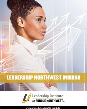 Leadership Northwest Indiana brochure cover. A young black woman looks confidently into the future with illustrated arrows in front of her.