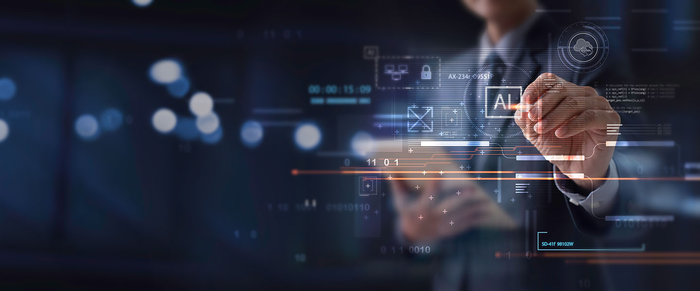 A person touching a virtual screen that displays data.