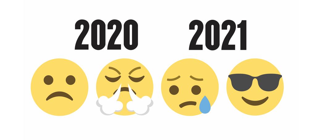 The years 2020 and 2021 across a series of four emoji: first sad, then extremely angry, then crying, then cool with sunglasses.