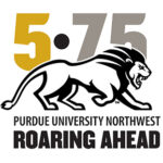 A logo showing 5 * 75 Purdue University Northwest Roaring Ahead around an illustration of a running lion