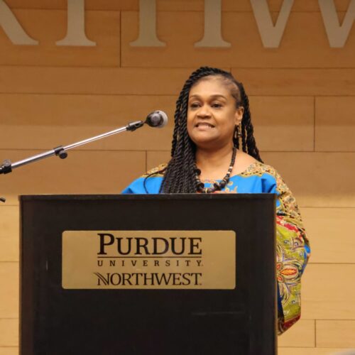 LaVada Taylor, professor of Education, emcees during PNW’s MLK Day celebration at the Westville campus.