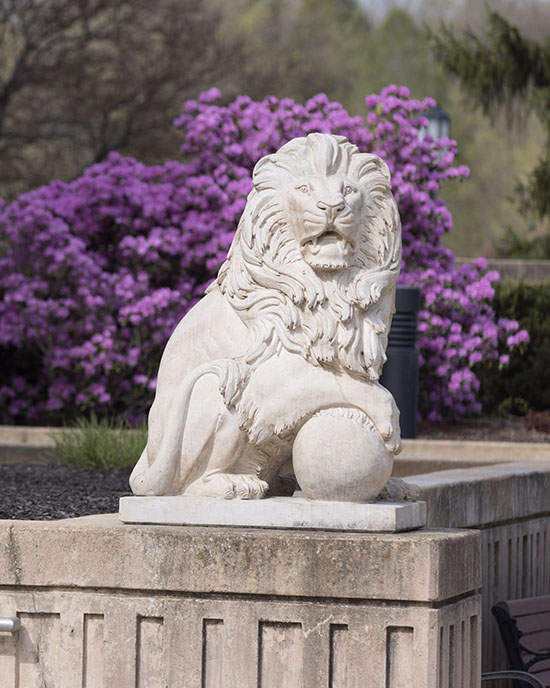A PNW lion statue on the Westville campus. There are purple flowers blooming behind the statue
