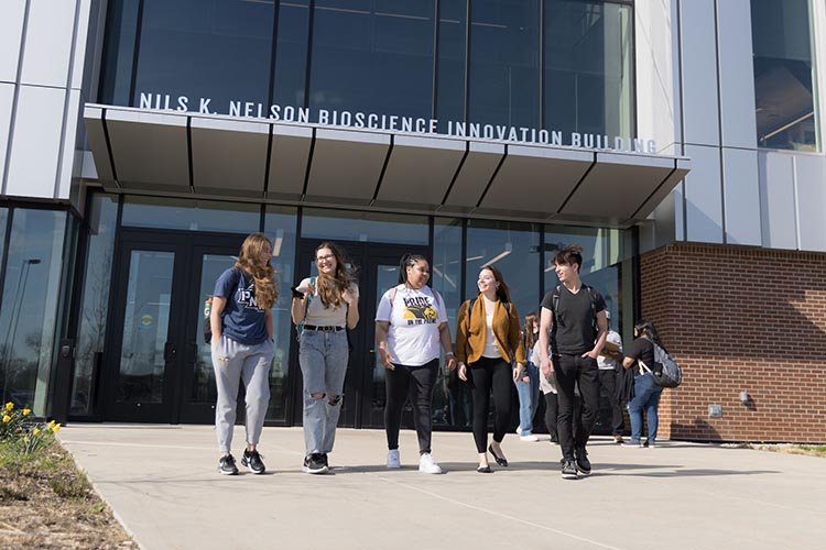 PNW students walk out of the Nils K. Nelson Bioscience Innovation Building
