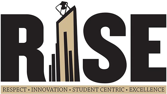 RISE Logo. It includes the letters R, S and E with an illustration of the PNW Bell Tower standing in for the "I." Text below says Respect, Innovation, Student Centric, Excellence