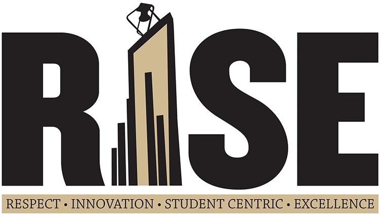 RISE Logo. It includes the letters R, S and E with an illustration of the PNW Bell Tower standing in for the "I." Text below says Respect, Innovation, Student Centric, Excellence