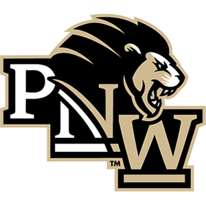 A roaring lion head atop a diagonal "PNW" logo, with a double-lined swoosh in the middle of the N. The graphic has a trademark symbol.