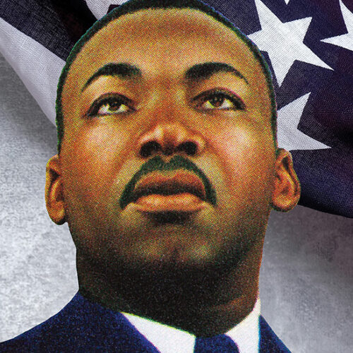 An illustration of Martin Luther King, Jr. in front of an American flag