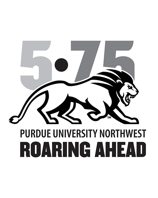 Logo: 5•75 Purdue University Roaring Ahead with an illustration of a striding lion.