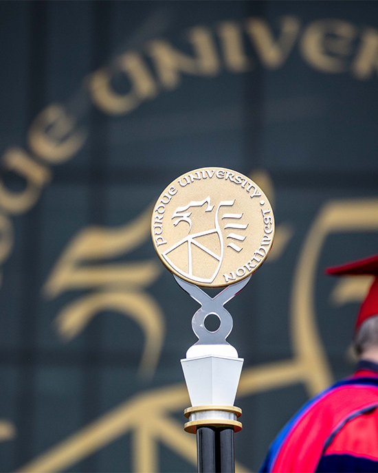 A photo of the university seal during commencement