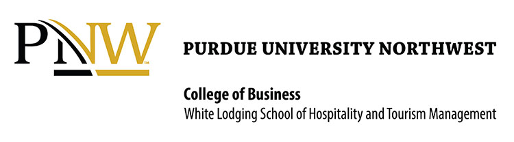 Logo: The PNW logo is to the left. There is stacked text on the right reads "Purdue University Northwest" Next line: "College of Business" Final line: White Lodging School of Hospitality and Tourism Management"