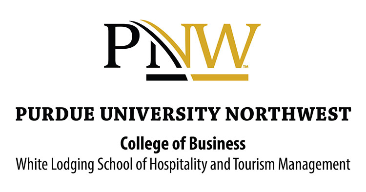 Logo: The PNW logo is centers in the top half. There is stacked text below the PNW logo that reads "Purdue University Northwest" Next line: "College of Business" Final line: "White Lodging School of Hospitality and Tourism Management"