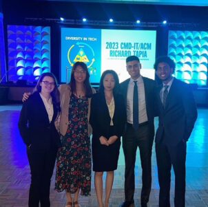 Five people stand together. From left ot right: Alyssa Gargano, Jay Chen, Grace Yang, Julian Silva, and Quin Owens.