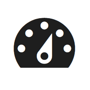 A solid black circle that is slightly cut off on the bottom. There is a white dial in the bottom center, pointing between two of the five white dots aligned to the top of the circle.
