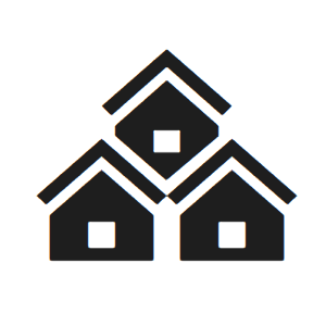 Three small, black houses stacked up in a pyramid. They all feature white doors. 