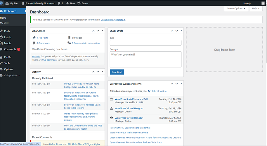 A screenshot of the PNW WordPress dashboard.
