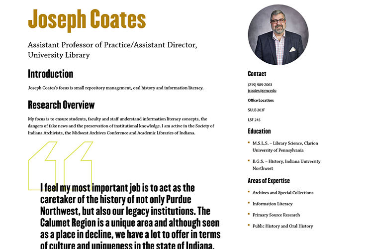 A screenshot of a faculty page on the PNW website. The page pictured belongs to Joseph Coates.
