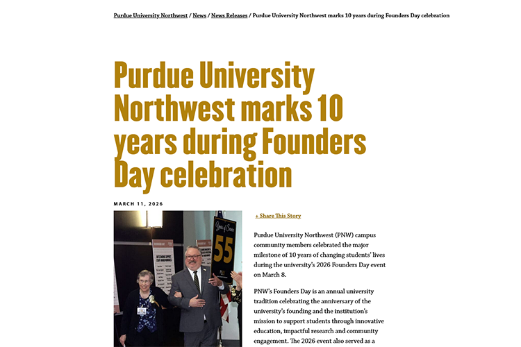 A screenshot of a web post titled "Purdue University Northwest marks 10 years during Founders Day celebration".