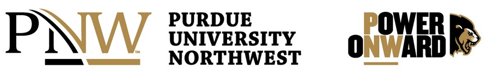 PNW email signature. Includes stylized "PNW" with Purdue University Northwest next to it as well as a Power Onward graphic with a lion head to the right.