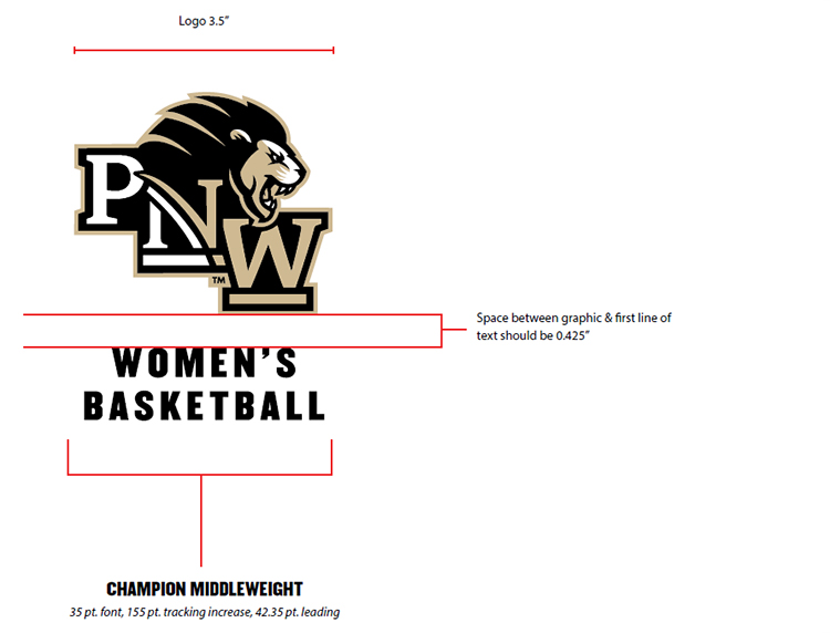Sample PNW cobrand with diagonal monogram. The prominent visuals are a diagonal "PNW" with a roaring lion head atop the text as well as text beneath reading "Women's Basketball." Guide lines define the shape: Logo 3.5", spacing between graphic and first line of text should be 0.425," and the text beneath is Champion Middleweight, (35 pt. font, 155 pt. tracking increase,42.35 pt. leading"