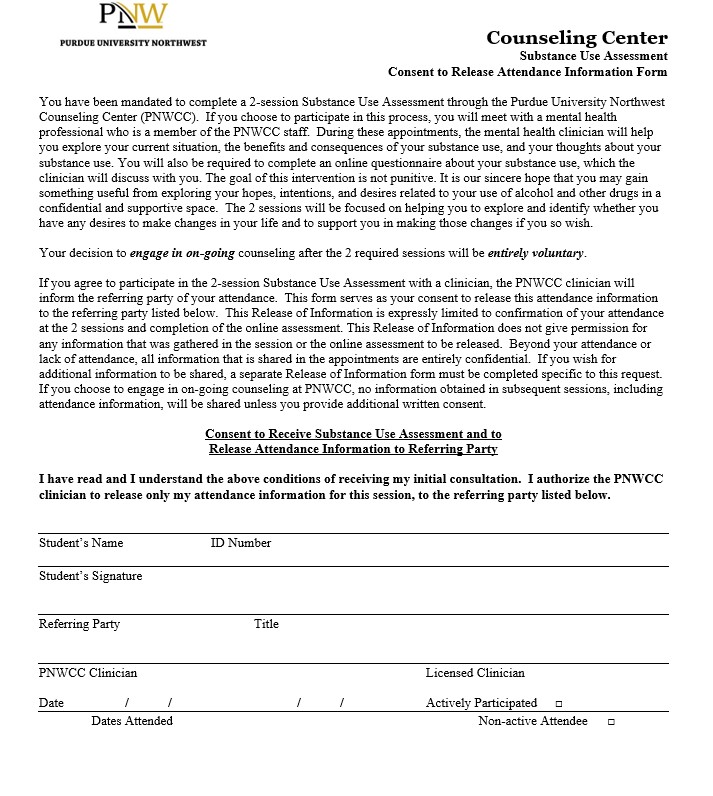 Counseling Center Substance Use Assessment Consent to Release Attendance Information Form. Full text below