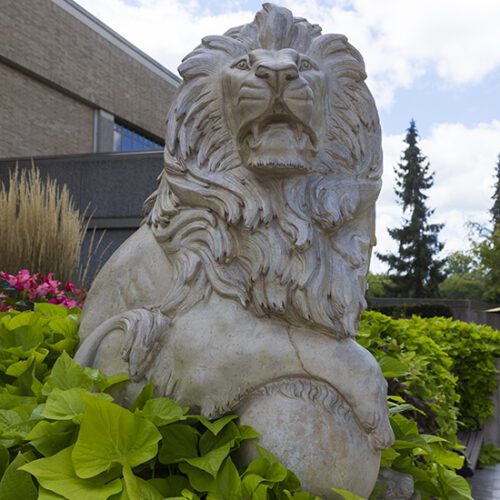 A lion statue with greenery around the bottom and a building in the background