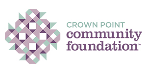 Logo: Crown Point Community Foundation, with a purple and green illustration of colored squares and triangles.
