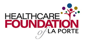 Logo: Healthcare Foundation of LaPorte, with an illustration of a dancing figure surrounded by circles