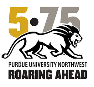 Logo: 5•75 Purdue University Northwest Roaring Ahead with an illustration of a striding lion.