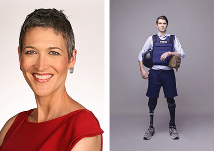 Speaker Photos: Left, Jennifer Griffin, and Right, Benjamin Hall (in war correspondent's garb and with prosthetic legs.)