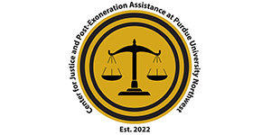 Logo: Center for Justice and Post-Exoneration Assistance at Purdue University Northwest. Est. 2022. An illustration of balanced scales.
