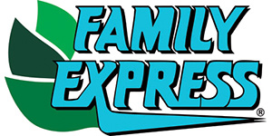 Logo: Family Express, with blue text and three green leaves to the leaves of the text
