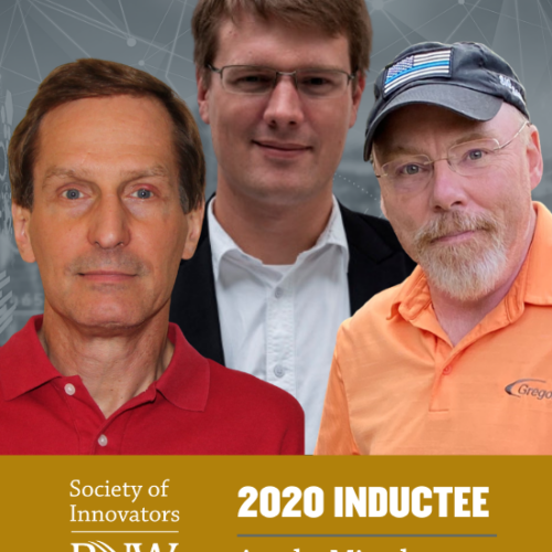 Three ArcelorMittal employers stand together above text reading "Society of Innovators at PNW 2020 Inductee"