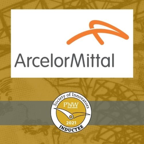 ArcelorMittal logo above Society of Innovators badge