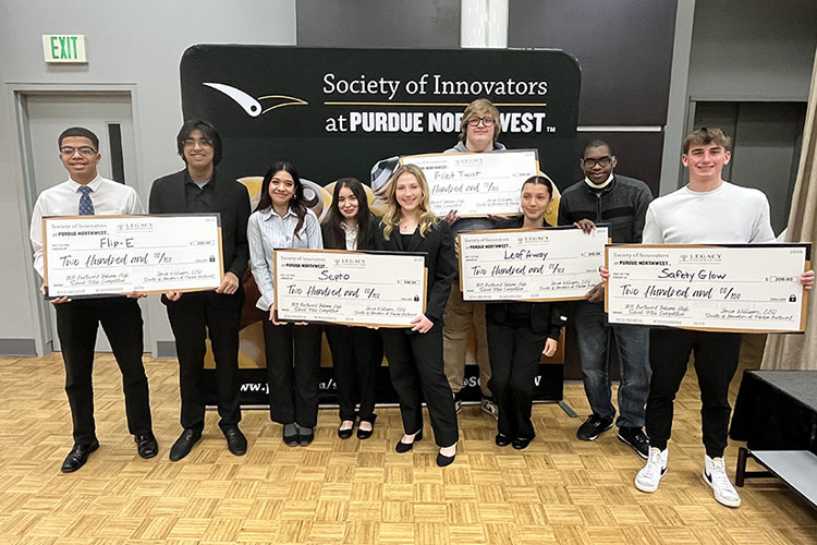 Winners of the inaugural Northwest Indiana High School Pitch Competition included, from left, Brandon Walker; Omar Aftab; Abby Mena; Jocelyn Aguirre; Alexis Karahalios; Cameron Hutson; Miranda Gutierrez; Mi’Shawn Dawson, and Ashton Verbish.