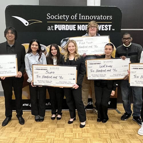 Winners of the inaugural Northwest Indiana High School Pitch Competition included, from left, Brandon Walker; Omar Aftab; Abby Mena; Jocelyn Aguirre; Alexis Karahalios; Cameron Hutson; Miranda Gutierrez; Mi’Shawn Dawson, and Ashton Verbish.