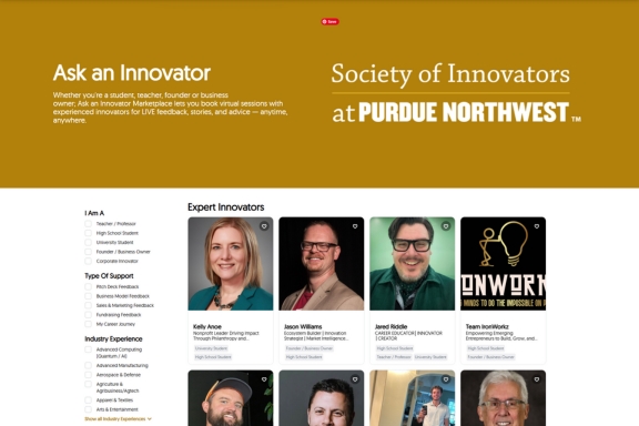 Screenshot of the "Ask An Innovator" knowledge marketplace, with filters on the left listing different audience types and headshots and bios for innovators including Kelly Anoe, Jason Williams and more