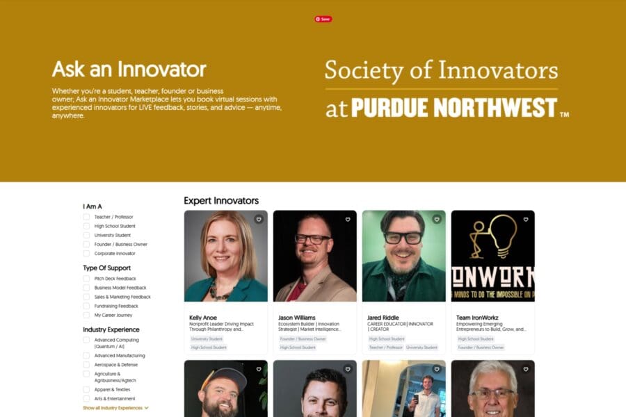 Screenshot of the "Ask An Innovator" knowledge marketplace, with filters on the left listing different audience types and headshots and bios for innovators including Kelly Anoe, Jason Williams and more