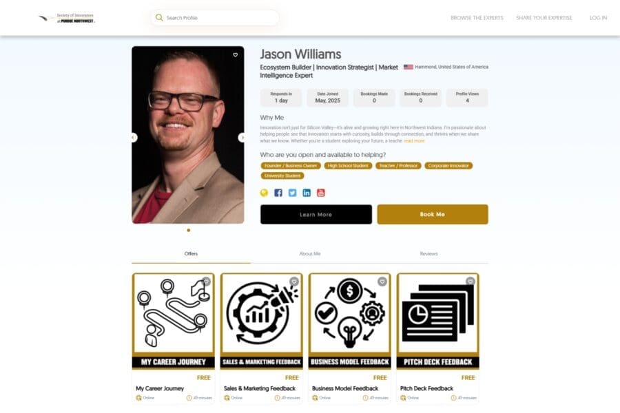 A profile example from the Ask An Innovator knowledge marketplace. Jason Williams is pictured, along with biographical information, areas of expertise and