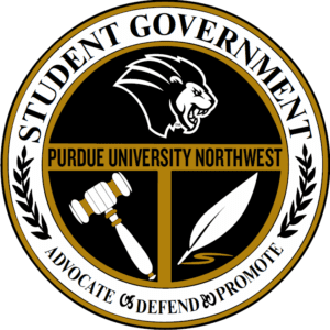 PNW Student Government Logo: illustrations of the lion mascot, a quill and a gavel with the text: Student Government: Advocate, Defend, Promote