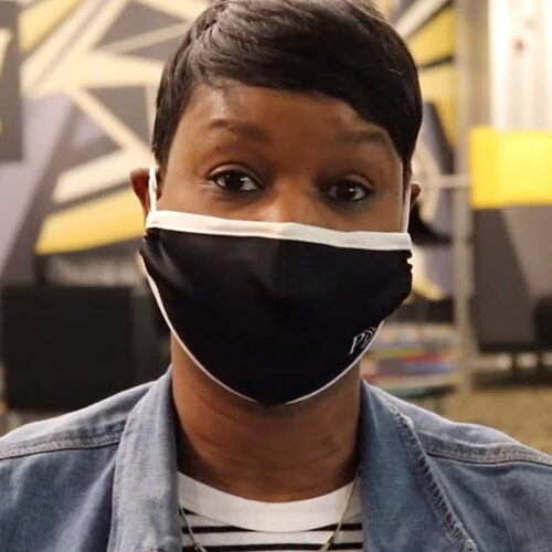 Yohlunda Mosley, vice chancellor of enrollment management and student affairs, in a PNW mask
