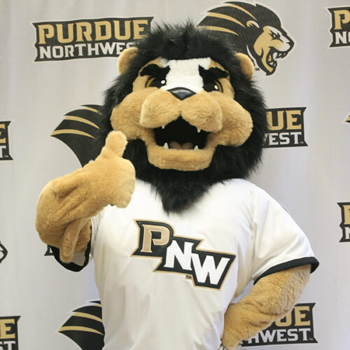PNW Mascot Leo gives a thumbs up.